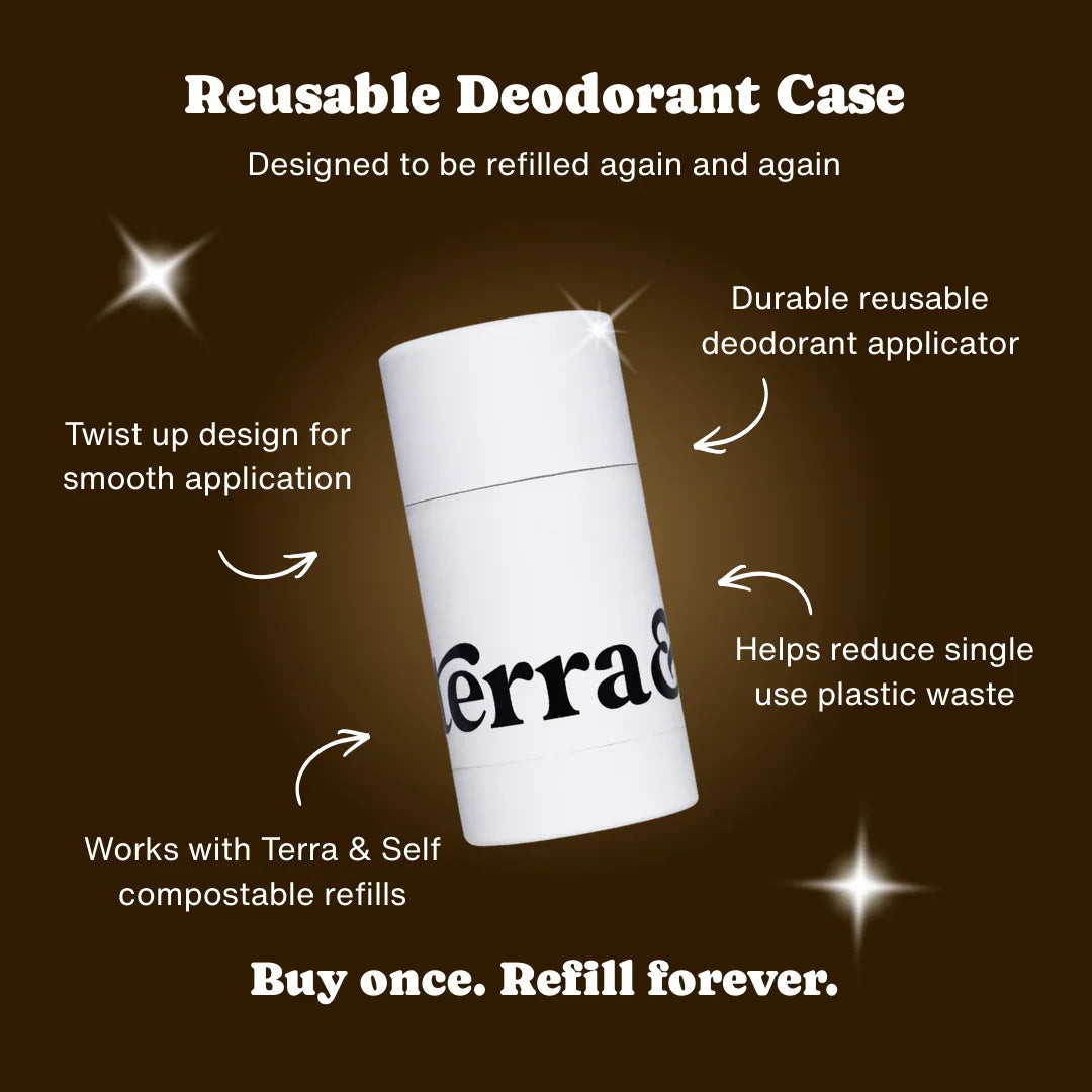White reusable deodorant case with twist-up design and refillable, eco-friendly features