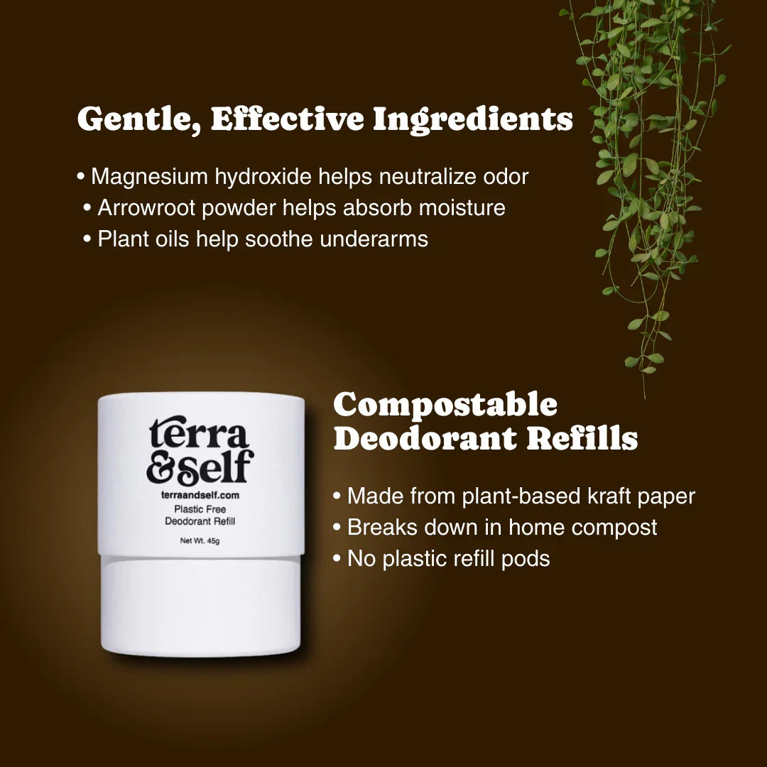 Plastic-free deodorant refill with compostable packaging, gentle magnesium-based ingredients, and plant decor.