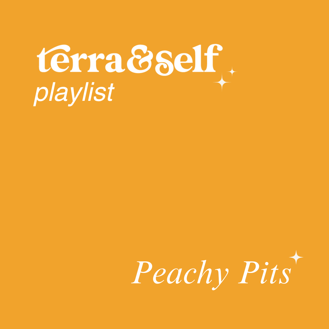 Terra & Self playlist cover for the Peachy Pits scent, featuring the brand logo and "playlist" text in cream on a dark yellow background with sparkle accents.