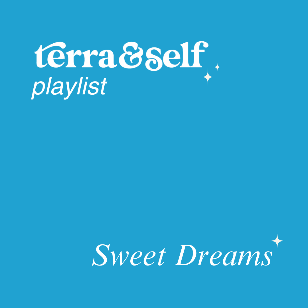 Terra & Self playlist cover for the Sweet Dreams scent, featuring the brand logo and "playlist" text in white on a light blue background with sparkle accents.
