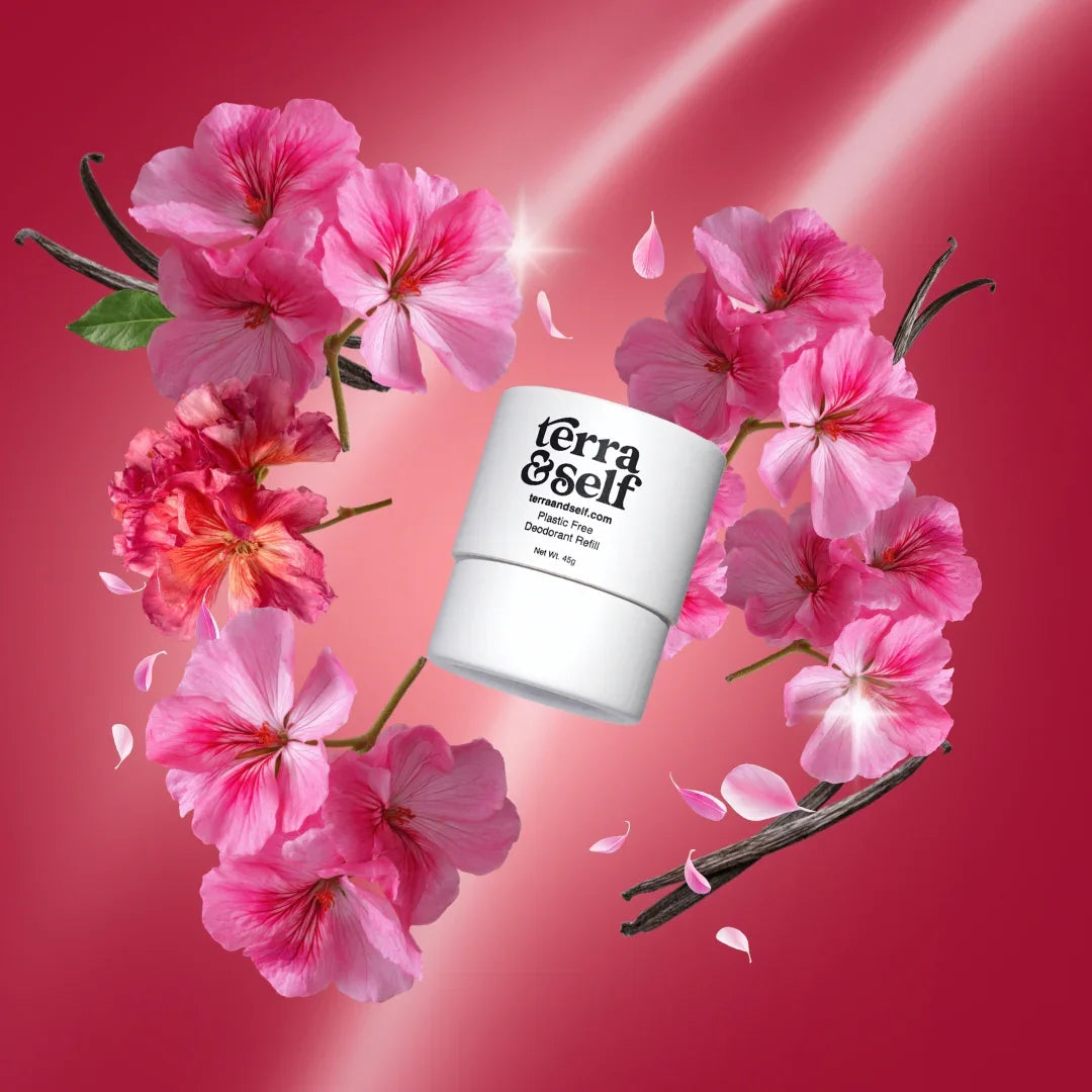 Refill deodorant stick with pink wild roses and vanilla on a vibrant pink background