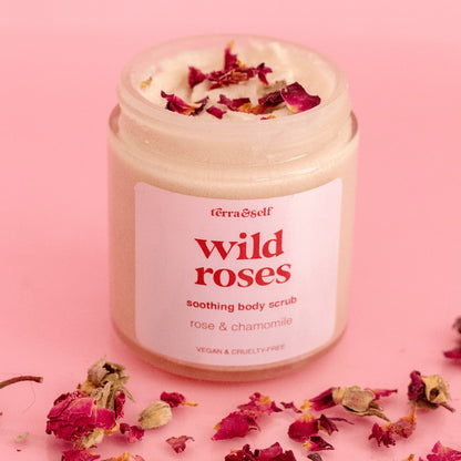 Rose Body Scrub with chamomile by Terra and Self is a sustainable body scrub by an eco-friendly small business.