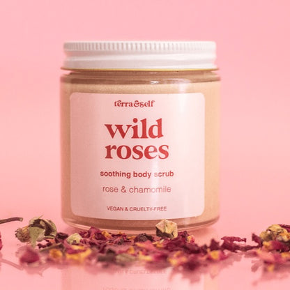 Rose Body Scrub is a vegan rose and chamomile body scrub that is also eco-friendly and sustainable.